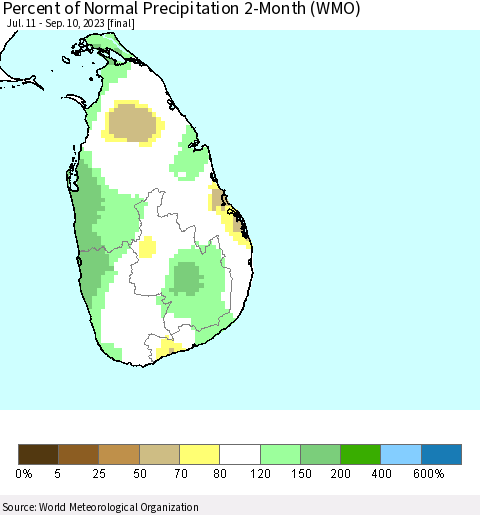 Sri Lanka Percent of Normal Precipitation 2-Month (WMO) Thematic Map For 7/11/2023 - 9/10/2023