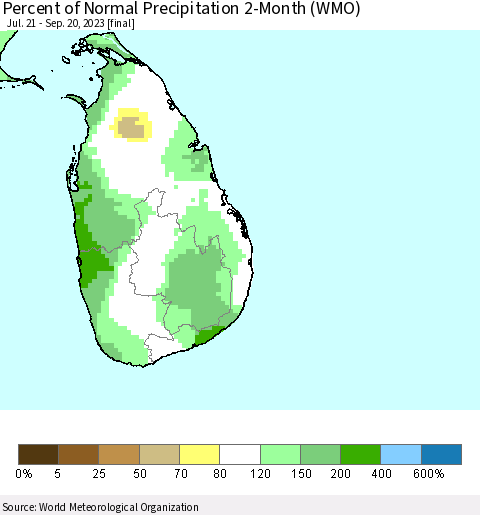 Sri Lanka Percent of Normal Precipitation 2-Month (WMO) Thematic Map For 7/21/2023 - 9/20/2023