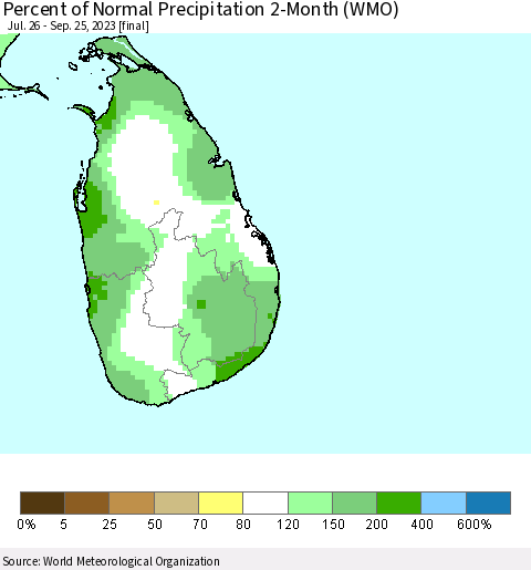 Sri Lanka Percent of Normal Precipitation 2-Month (WMO) Thematic Map For 7/26/2023 - 9/25/2023