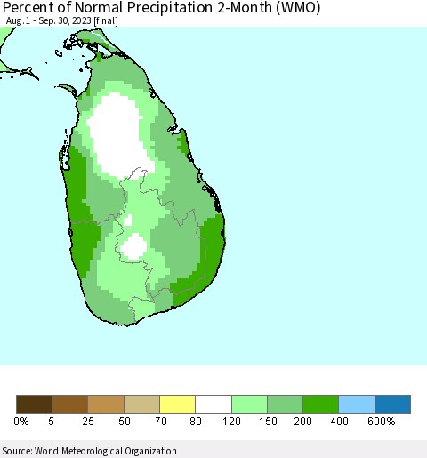 Sri Lanka Percent of Normal Precipitation 2-Month (WMO) Thematic Map For 8/1/2023 - 9/30/2023