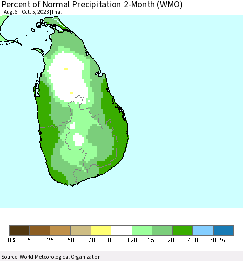 Sri Lanka Percent of Normal Precipitation 2-Month (WMO) Thematic Map For 8/6/2023 - 10/5/2023