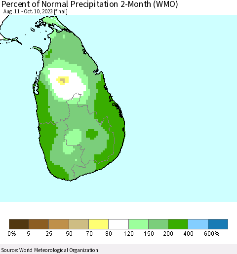 Sri Lanka Percent of Normal Precipitation 2-Month (WMO) Thematic Map For 8/11/2023 - 10/10/2023