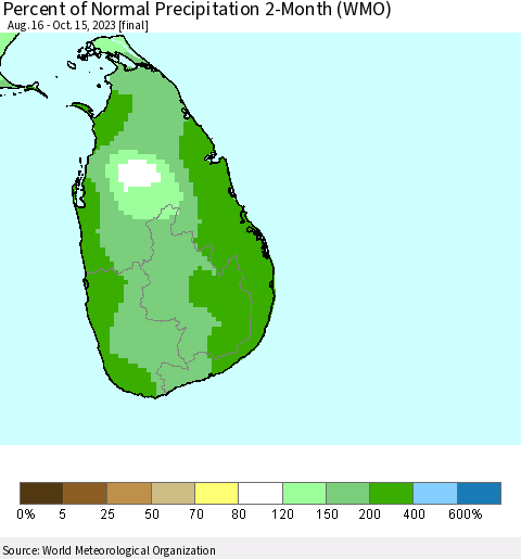 Sri Lanka Percent of Normal Precipitation 2-Month (WMO) Thematic Map For 8/16/2023 - 10/15/2023