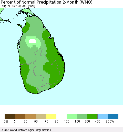 Sri Lanka Percent of Normal Precipitation 2-Month (WMO) Thematic Map For 8/21/2023 - 10/20/2023