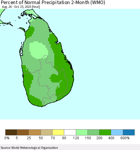Sri Lanka Percent of Normal Precipitation 2-Month (WMO) Thematic Map For 8/26/2023 - 10/25/2023