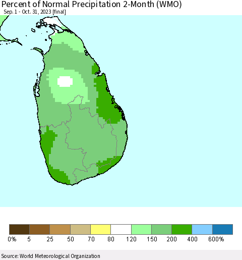 Sri Lanka Percent of Normal Precipitation 2-Month (WMO) Thematic Map For 9/1/2023 - 10/31/2023