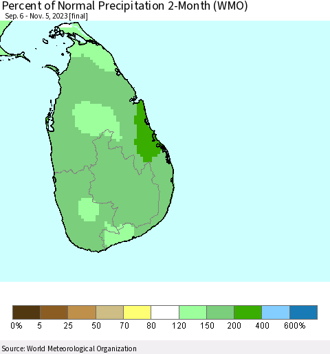 Sri Lanka Percent of Normal Precipitation 2-Month (WMO) Thematic Map For 9/6/2023 - 11/5/2023