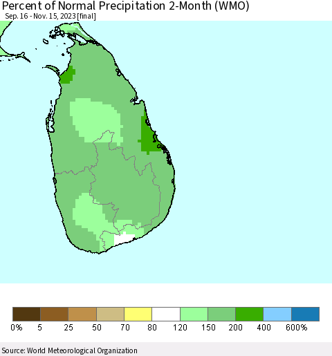 Sri Lanka Percent of Normal Precipitation 2-Month (WMO) Thematic Map For 9/16/2023 - 11/15/2023