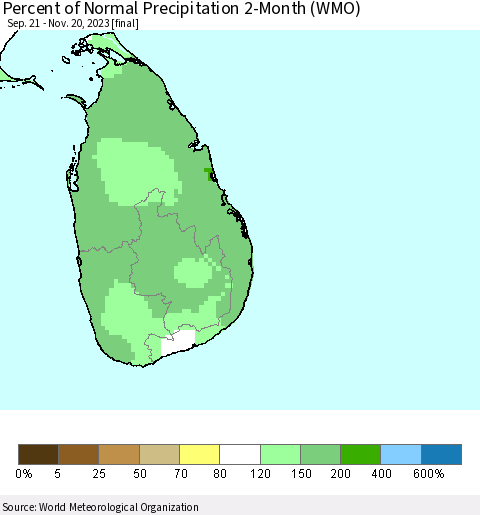 Sri Lanka Percent of Normal Precipitation 2-Month (WMO) Thematic Map For 9/21/2023 - 11/20/2023