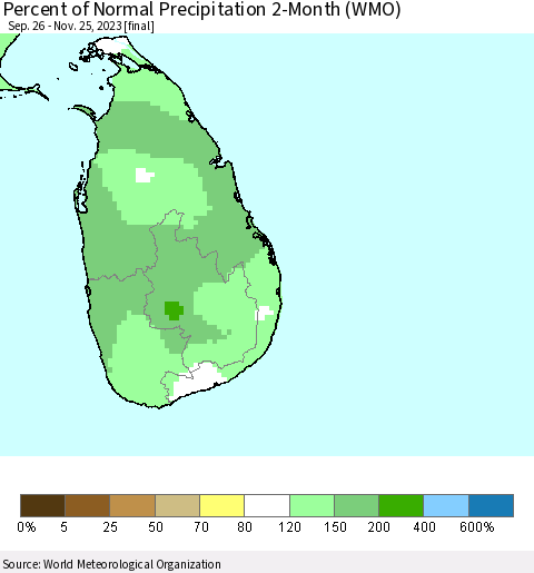 Sri Lanka Percent of Normal Precipitation 2-Month (WMO) Thematic Map For 9/26/2023 - 11/25/2023