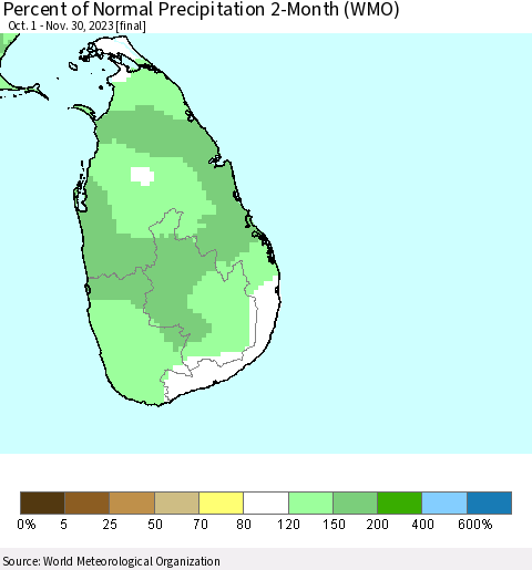 Sri Lanka Percent of Normal Precipitation 2-Month (WMO) Thematic Map For 10/1/2023 - 11/30/2023