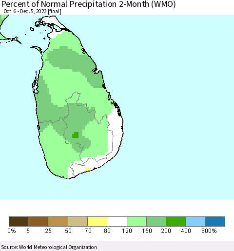 Sri Lanka Percent of Normal Precipitation 2-Month (WMO) Thematic Map For 10/6/2023 - 12/5/2023