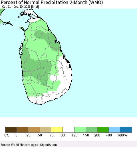 Sri Lanka Percent of Normal Precipitation 2-Month (WMO) Thematic Map For 10/11/2023 - 12/10/2023