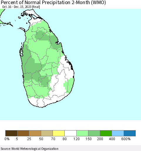 Sri Lanka Percent of Normal Precipitation 2-Month (WMO) Thematic Map For 10/16/2023 - 12/15/2023