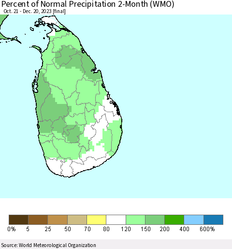 Sri Lanka Percent of Normal Precipitation 2-Month (WMO) Thematic Map For 10/21/2023 - 12/20/2023