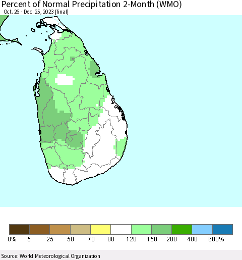 Sri Lanka Percent of Normal Precipitation 2-Month (WMO) Thematic Map For 10/26/2023 - 12/25/2023