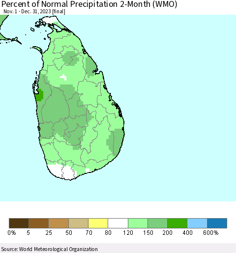 Sri Lanka Percent of Normal Precipitation 2-Month (WMO) Thematic Map For 11/1/2023 - 12/31/2023