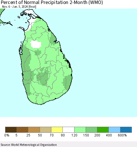 Sri Lanka Percent of Normal Precipitation 2-Month (WMO) Thematic Map For 11/6/2023 - 1/5/2024