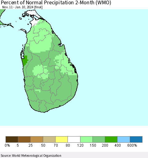 Sri Lanka Percent of Normal Precipitation 2-Month (WMO) Thematic Map For 11/11/2023 - 1/10/2024