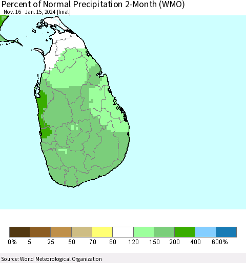 Sri Lanka Percent of Normal Precipitation 2-Month (WMO) Thematic Map For 11/16/2023 - 1/15/2024