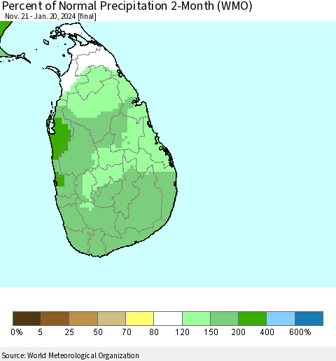 Sri Lanka Percent of Normal Precipitation 2-Month (WMO) Thematic Map For 11/21/2023 - 1/20/2024