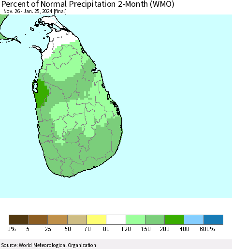 Sri Lanka Percent of Normal Precipitation 2-Month (WMO) Thematic Map For 11/26/2023 - 1/25/2024