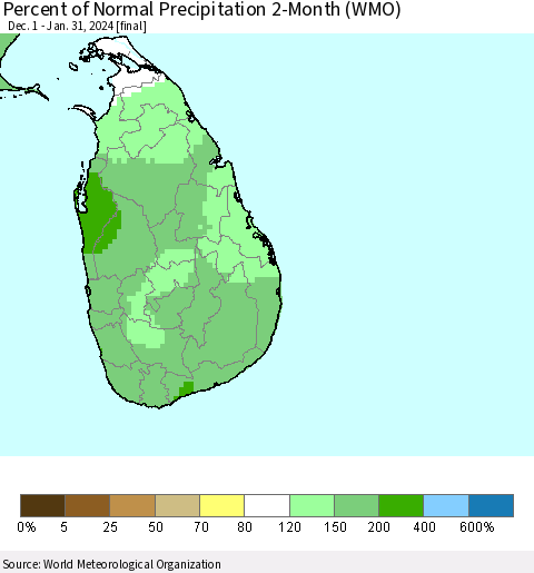 Sri Lanka Percent of Normal Precipitation 2-Month (WMO) Thematic Map For 12/1/2023 - 1/31/2024