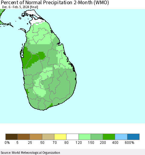 Sri Lanka Percent of Normal Precipitation 2-Month (WMO) Thematic Map For 12/6/2023 - 2/5/2024