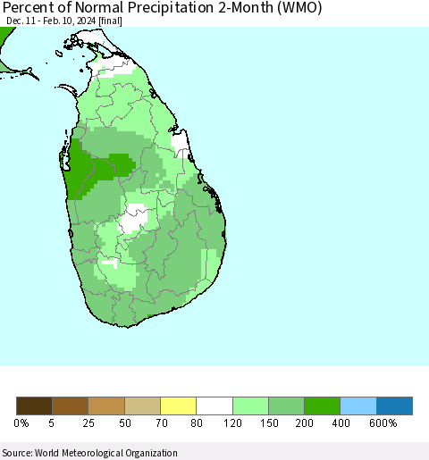 Sri Lanka Percent of Normal Precipitation 2-Month (WMO) Thematic Map For 12/11/2023 - 2/10/2024