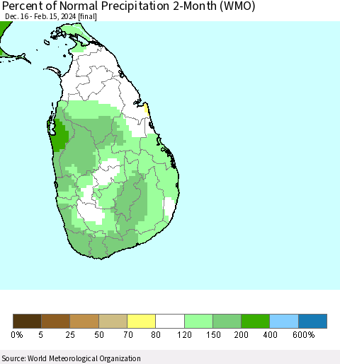 Sri Lanka Percent of Normal Precipitation 2-Month (WMO) Thematic Map For 12/16/2023 - 2/15/2024