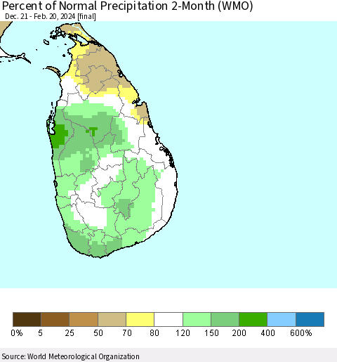 Sri Lanka Percent of Normal Precipitation 2-Month (WMO) Thematic Map For 12/21/2023 - 2/20/2024