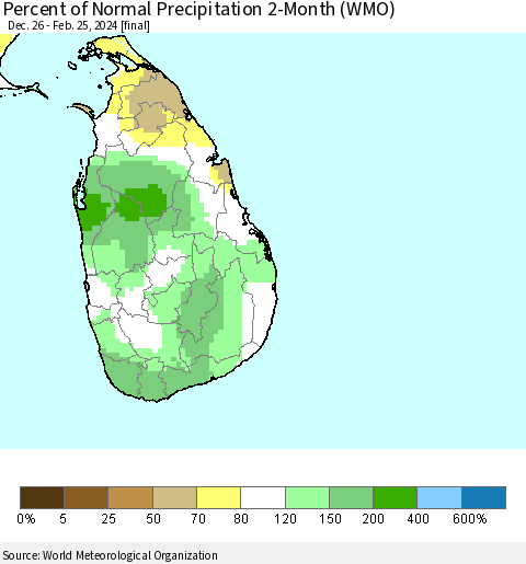 Sri Lanka Percent of Normal Precipitation 2-Month (WMO) Thematic Map For 12/26/2023 - 2/25/2024