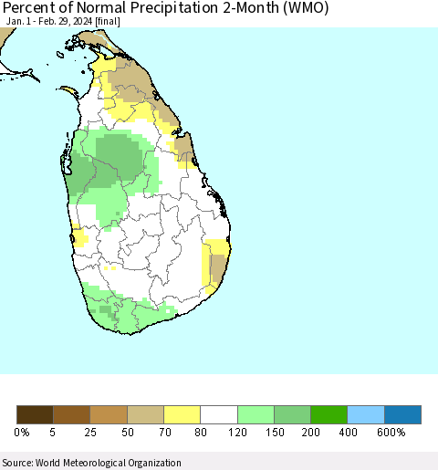 Sri Lanka Percent of Normal Precipitation 2-Month (WMO) Thematic Map For 1/1/2024 - 2/29/2024