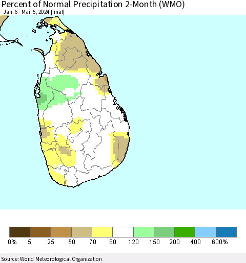 Sri Lanka Percent of Normal Precipitation 2-Month (WMO) Thematic Map For 1/6/2024 - 3/5/2024