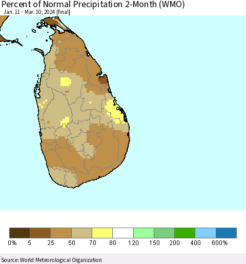 Sri Lanka Percent of Normal Precipitation 2-Month (WMO) Thematic Map For 1/11/2024 - 3/10/2024