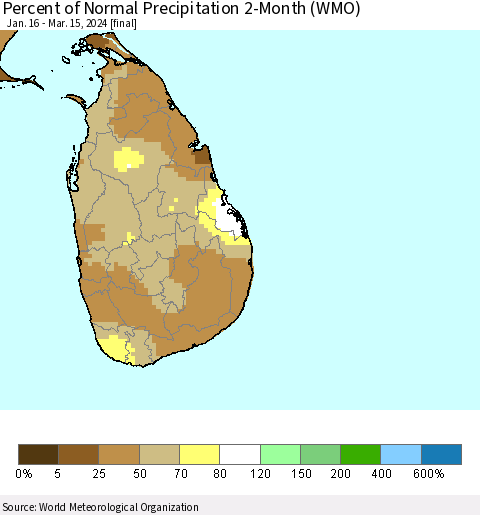 Sri Lanka Percent of Normal Precipitation 2-Month (WMO) Thematic Map For 1/16/2024 - 3/15/2024