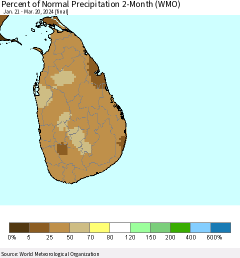 Sri Lanka Percent of Normal Precipitation 2-Month (WMO) Thematic Map For 1/21/2024 - 3/20/2024