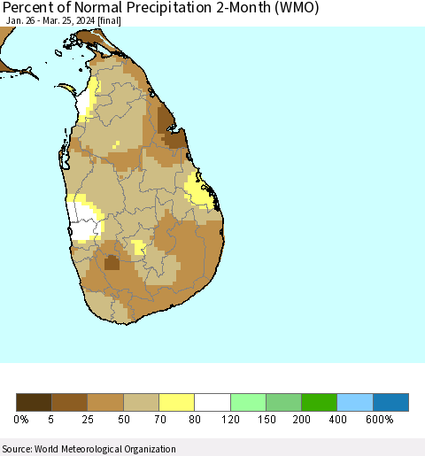 Sri Lanka Percent of Normal Precipitation 2-Month (WMO) Thematic Map For 1/26/2024 - 3/25/2024