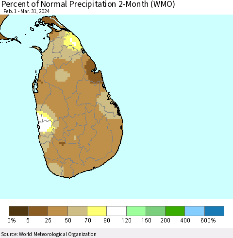 Sri Lanka Percent of Normal Precipitation 2-Month (WMO) Thematic Map For 2/1/2024 - 3/31/2024