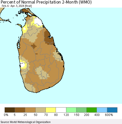 Sri Lanka Percent of Normal Precipitation 2-Month (WMO) Thematic Map For 2/6/2024 - 4/5/2024