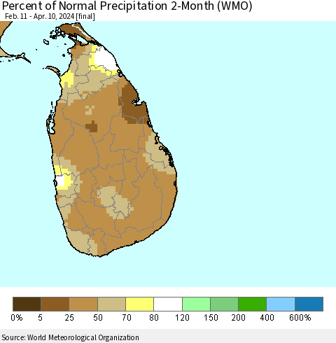 Sri Lanka Percent of Normal Precipitation 2-Month (WMO) Thematic Map For 2/11/2024 - 4/10/2024