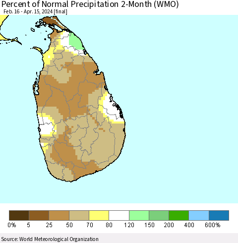 Sri Lanka Percent of Normal Precipitation 2-Month (WMO) Thematic Map For 2/16/2024 - 4/15/2024