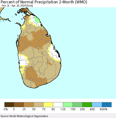 Sri Lanka Percent of Normal Precipitation 2-Month (WMO) Thematic Map For 2/21/2024 - 4/20/2024