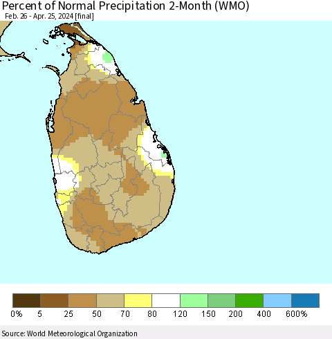 Sri Lanka Percent of Normal Precipitation 2-Month (WMO) Thematic Map For 2/26/2024 - 4/25/2024