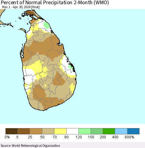 Sri Lanka Percent of Normal Precipitation 2-Month (WMO) Thematic Map For 3/1/2024 - 4/30/2024