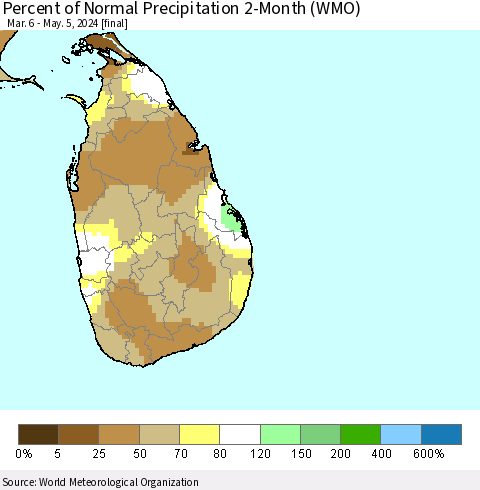 Sri Lanka Percent of Normal Precipitation 2-Month (WMO) Thematic Map For 3/6/2024 - 5/5/2024