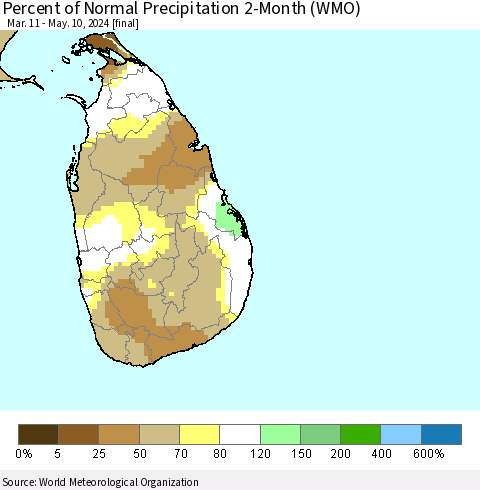 Sri Lanka Percent of Normal Precipitation 2-Month (WMO) Thematic Map For 3/11/2024 - 5/10/2024