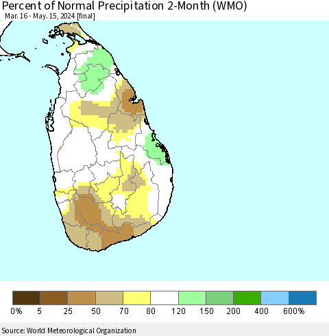 Sri Lanka Percent of Normal Precipitation 2-Month (WMO) Thematic Map For 3/16/2024 - 5/15/2024