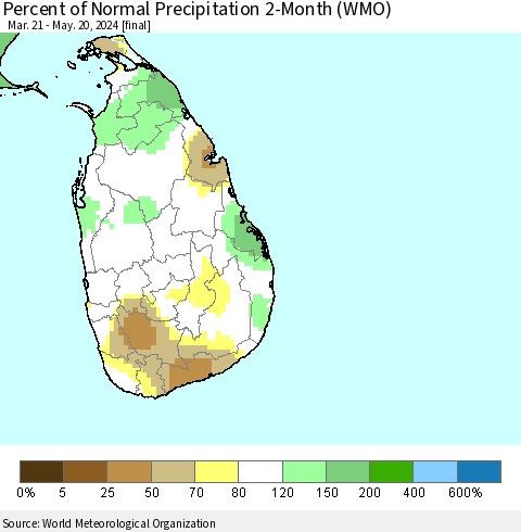 Sri Lanka Percent of Normal Precipitation 2-Month (WMO) Thematic Map For 3/21/2024 - 5/20/2024
