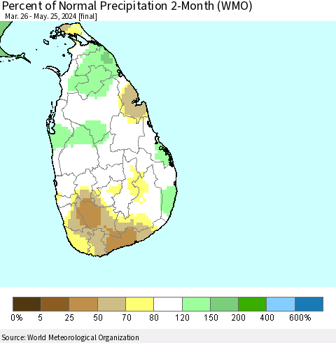 Sri Lanka Percent of Normal Precipitation 2-Month (WMO) Thematic Map For 3/26/2024 - 5/25/2024